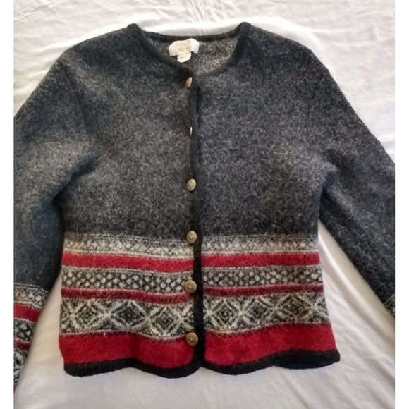 Vintage Tally Ho Women's Off-Black Gray Dark Red Wool Cardigan Sweater L - Picture 7 of 16